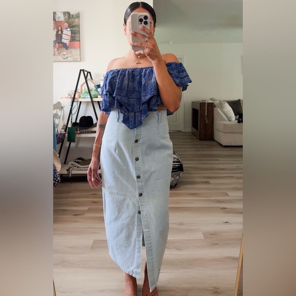 VINTAGE BUTTON DOWN DENIM MIXI SKIRT - Picture 1 of 8